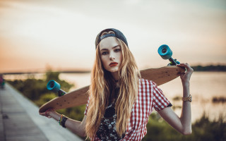 Woman skateboard bridge water beach - a skateboard free wallpaper for desktop