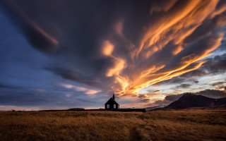 Church field clouds mountain sunset - evaline ness free wallpaper for desktop