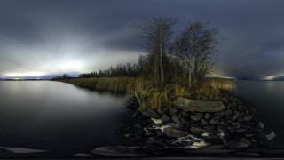 Lake rock outcropping tree mountain - fisheye len free wallpaper