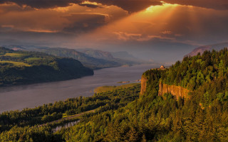 River mountain castle sunset landscape - scenic free wallpaper for desktop