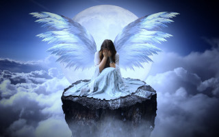 Woman angel wings moon clouds - wing free wallpaper for desktop