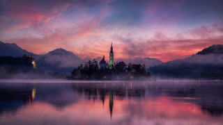 Castle island lake sunset mystical - a pink sky free wallpaper