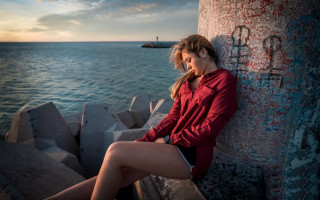 Woman ocean sunset lighthouse beach - a wall next free wallpaper for desktop