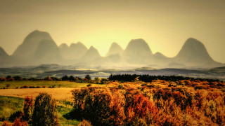 Mountains trees yellow sky dusk - a landscape free wallpaper