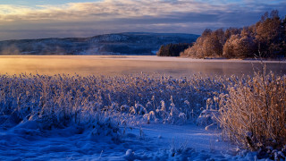 Snowy lake mountain foggy sky - a lake free wallpaper