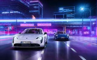 Neon cars city street night 2 - two car free wallpaper