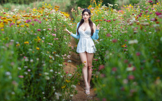 Flower field woman outstretched white - a woman in a field of flowers free wallpaper