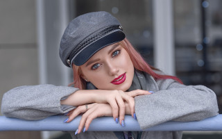 Pink hair woman hat gray - tie free wallpaper