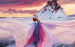 Woman beach mountain pink blue - a long dress free wallpaper for desktop