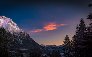Mountain sunset moon trees city - affinity photo free wallpaper
