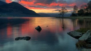 Lake rock sunset clouds mountain - rich moody colour free wallpaper