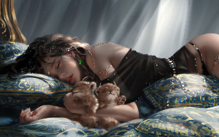 Woman black dress bed cat - donato giancola free wallpaper