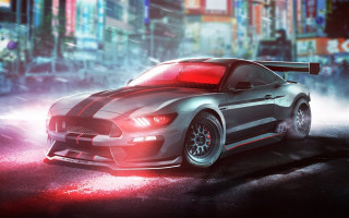 Red hood car city night - a neon background free wallpaper