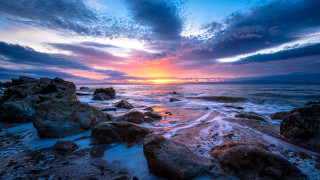 Sunset ocean rocks water shore - a few wave free wallpaper