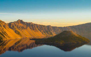 Mountain lake forest sunset reflection - a lake in the foreground and a forest in the background free wallpaper for desktop