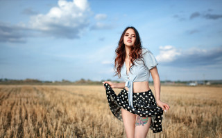 Woman field wheat skirt shirt - a tattoo free wallpaper for desktop