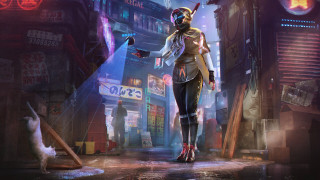 Futuristic city woman cat dog - cyberpunk style free wallpaper