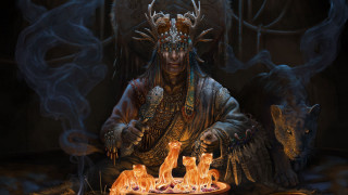 Fire sitting man cat dog - his lap free wallpaper for desktop