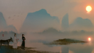 Women horse hill lake mountains - the background and a sunset free wallpaper