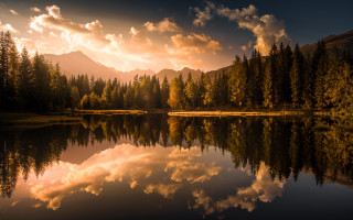 Lake reflections mountains trees cloudy - tree and mountains under a cloudy sky free wallpaper