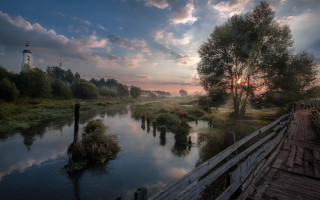 Wooden bridge river lighthouse sunset - river free wallpaper