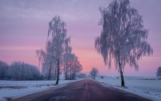 Snowy road pink sky mountain - a pink sky in the background free wallpaper