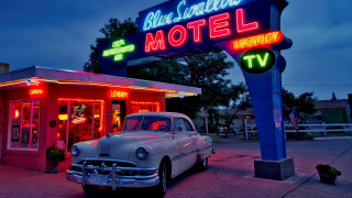 Neon motel car night forest - douglas shuler free wallpaper