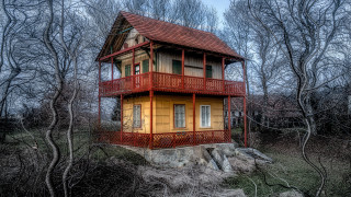 Yellow house woods red roof - house free wallpaper