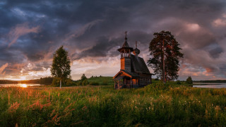 Church field sunset clouds lake - a lake in the foreground free wallpaper