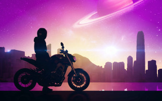 Motorcycle city skyline retrofuturism synthwave - a motorcycle in front free wallpaper