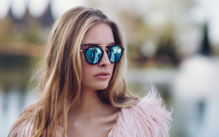 Blonde sunglasses fur coat lake - free portrait wallpaper for desktop