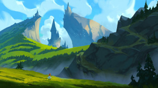 Mountain landscape person walking clouds - a painting of a mountain landscape free wallpaper