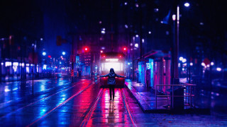 Night street cyberpunk umbrella city - a red umbrella free wallpaper