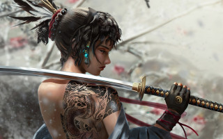 Woman sword tattoo cyberpunk fantasy - charlie bowater free wallpaper for desktop