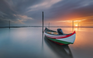 Boat sunset water dawn cloudy - the distance behind free wallpaper for desktop