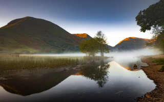 Mountain lake fog boat reflection - anthony s waters free wallpaper