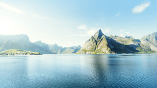 Mountain lake waterfront bridge sky - photorealism free wallpaper for desktop