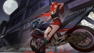 Woman motorcycle fullmoon cyberpunk redhair - a motorcycle in front free wallpaper