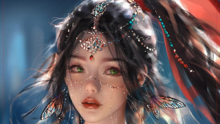 Woman butterfly headdress red scarf - chen lin free wallpaper