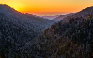 Sunset mountain range trees forest - a sunset view of a mountain range free wallpaper