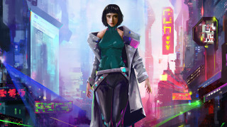 Neon city cyberpunk woman bangs - cyberpunk style free wallpaper