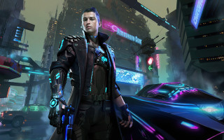 Futuristic man neon city car - cyberpunk style free wallpaper
