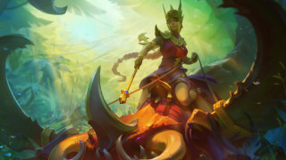 Woman red dress staff sword - a demon like creature free wallpaper