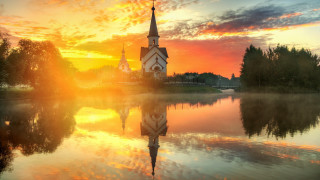 Church reflection sunset clouds gothic - a church free wallpaper