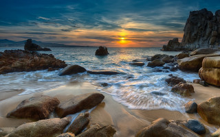 Sunset ocean rocks water dock - rock and water free wallpaper for desktop