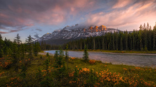 Mountain river trees cloudy sunset - douglas robertson bisset free wallpaper