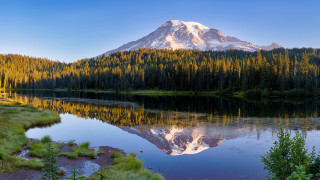 Mountain reflection lake trees grass 2 - a few cloud free wallpaper for desktop