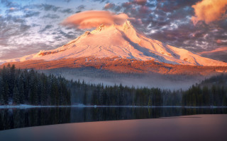 Snowy mountain lake trees sunset - sunset time free wallpaper