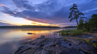 Lake tree rock sunset clouds - bob ross free wallpaper for desktop