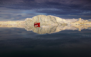 Boat icebergs mountains sunset water - floating free wallpaper for desktop
